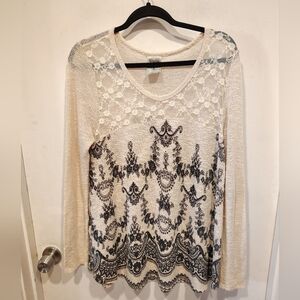 Vocal Lace Yoke Embellished Long Sleeve Sweater Top Sz L Fairy Grunge Y2K Casual